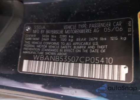 2007 BMW 550 z USA, uszkodzony, nr VIN WBANB53507CP05410